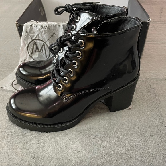 Harlow Black Chunky Heeled Boots - Black - Zippered Sides - Lace Up - Size 7 - Picture 4 of 7